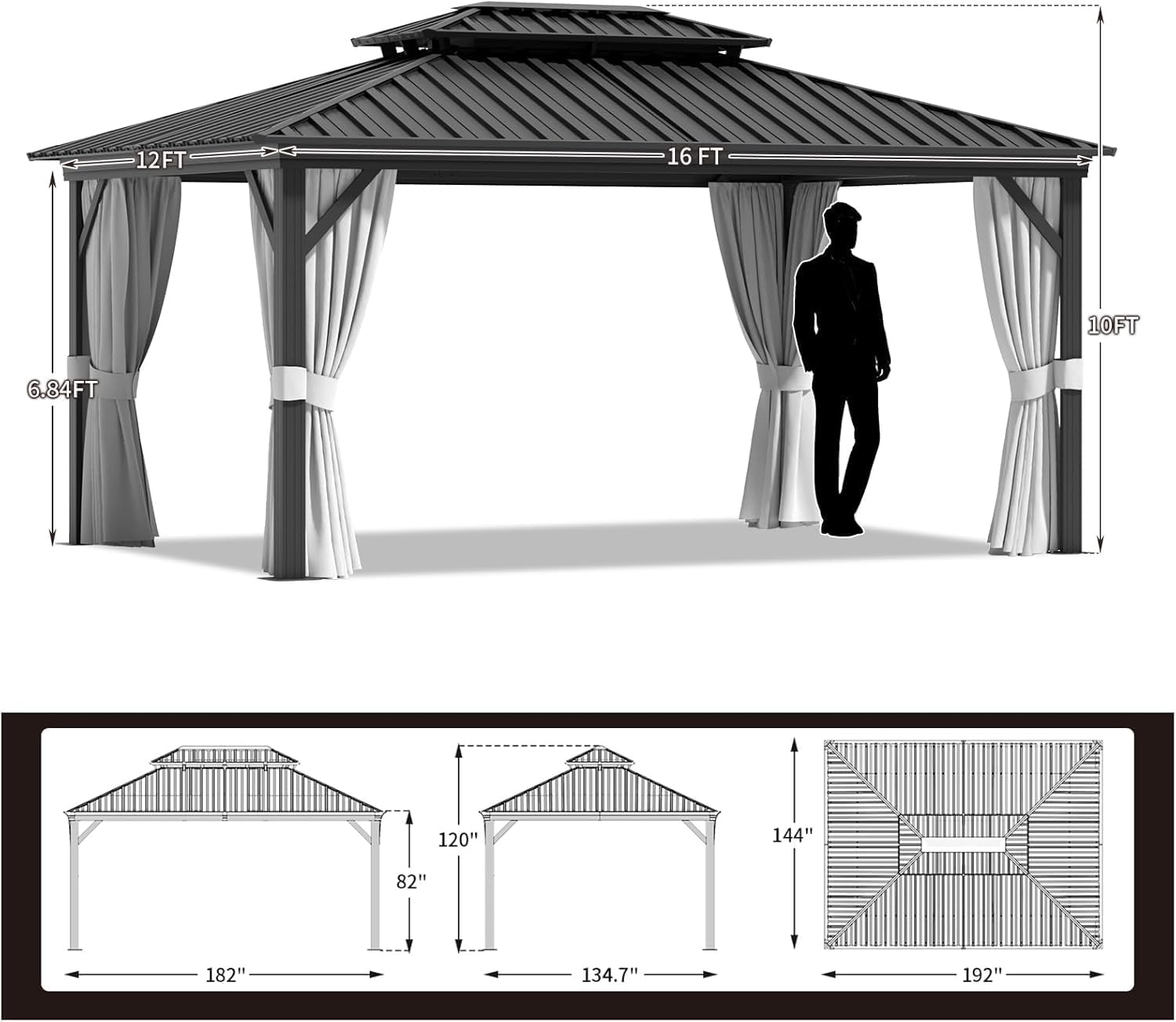 oneinmil Hardtop Gazebo 12FT X 16FT, Outdoor Pergolas with Mosquito Netting and Curtains, Galvanized Steel Double Roof Permanent Aluminum Gazebo, for Gardens, Decks, Patios, Parties