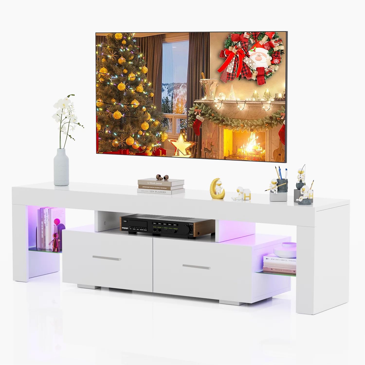 HOUAGI LED TV Stand for 32-65 Inch TV,Modern High Gloss Entertainment Center w/2 Storage Drawers and Color Changing Lights Video Gaming,Movies,Home Decor, White
