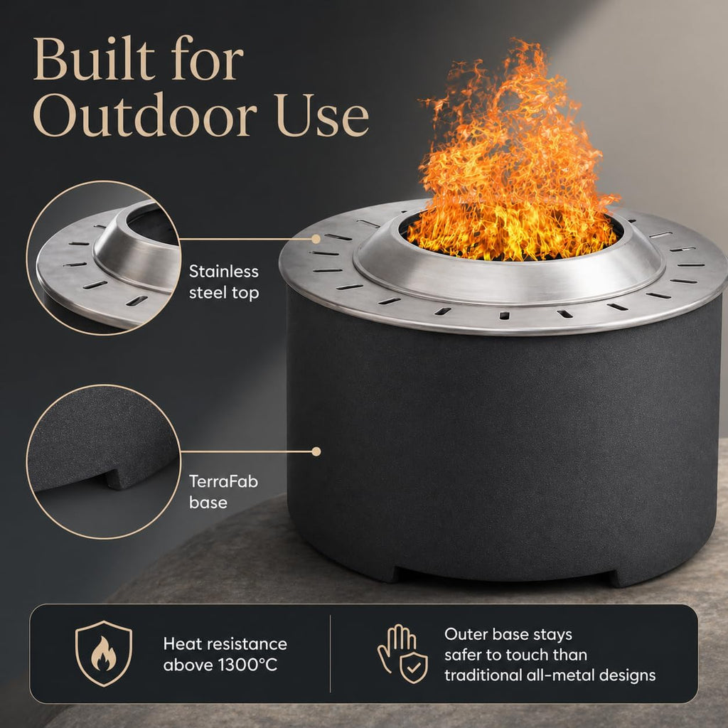 Afterglow Smokeless Fire Pit, 20.5' Round Wood Burning Stainless Steel Top & TerraFab Base, Firepit with Weather Cover Perfect for Outdoor Patio Garden, Dark Grey