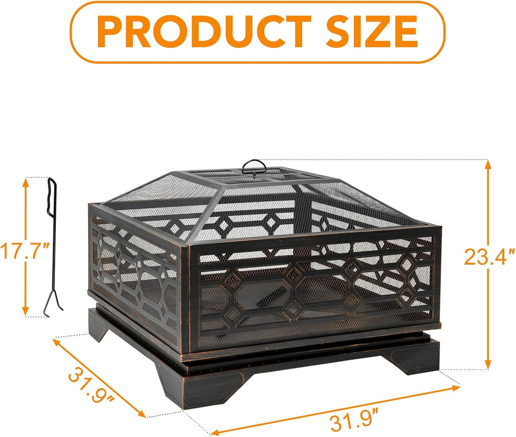 Florise Outdoor Fire Pit, 32 Inch Wood Burning Firepit for Outside with Mesh Cover & Fire Poker, Large Square Metal Fireplace for Patio, Backyard, Garden, Bonfire Party