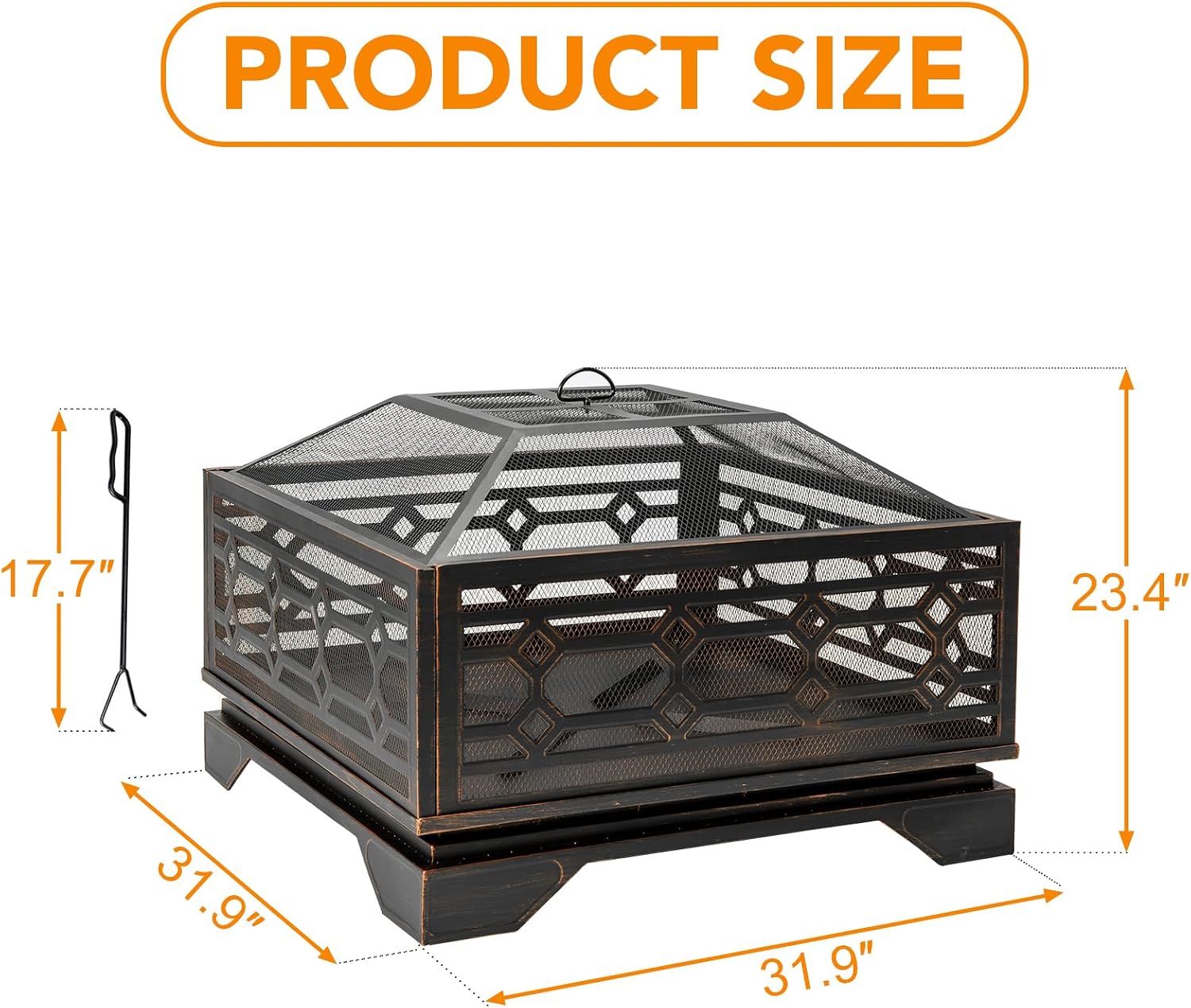 Florise Outdoor Fire Pit, 32 Inch Wood Burning Firepit for Outside with Mesh Cover & Fire Poker, Large Square Metal Fireplace for Patio, Backyard, Garden, Bonfire Party