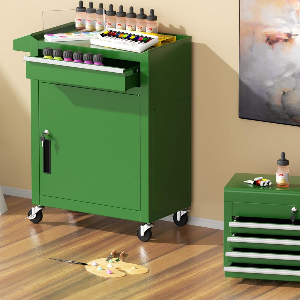 Greenvelly Tool Chest, 5-Drawer Rolling Tool Chest with Hooks and Lockable Wheels, Detachable Top Tool Box, Toolbox with Wheels, Rolling Tool Box for Mechanics Garage Workshop and Tool Room (Green)