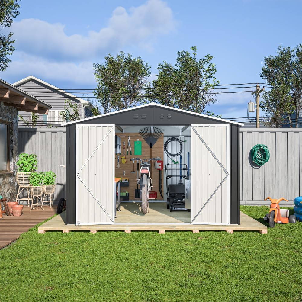 Large Outdoor Storage Shed 10x12 FT, Heavy-Duty Metal Garden Tool Organizer with Lockable Doors and Weather-Resistant Roof for Backyard (10x12 ft Grey)