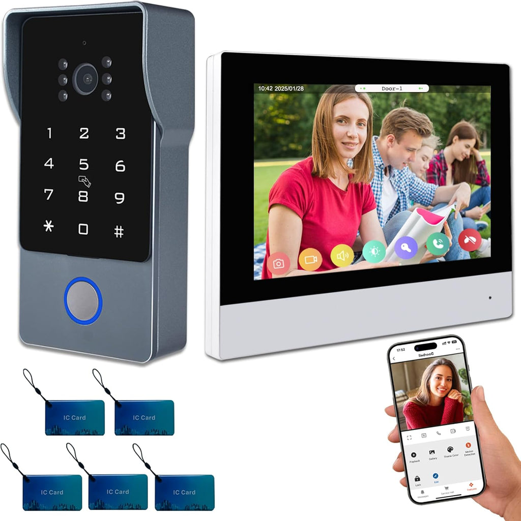 2-Wires Video Intercom System, 7 Inch 1080P WiFi Touch ScreenVideo Doorbell Doorphone System, 32G Card, Snapshot, Monitoring, Code Password Tuya App IC Card Unlock for Home Apartment