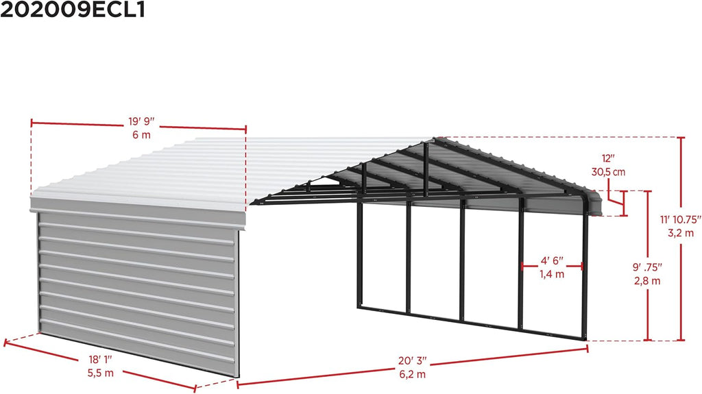 Arrow Carports Galvanized Steel Carport, with 1-Sided Enclosure, Compact Car Metal Carport Kit, 20' x 20' x 9', Charcoal