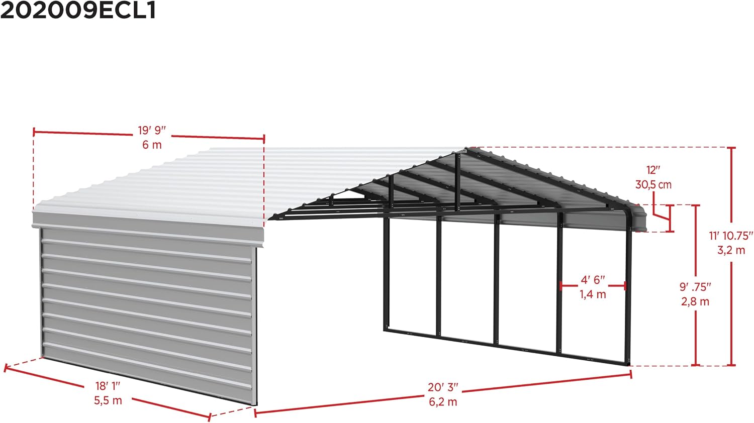 Arrow Carports Galvanized Steel Carport, with 1-Sided Enclosure, Compact Car Metal Carport Kit, 20' x 20' x 9', Charcoal