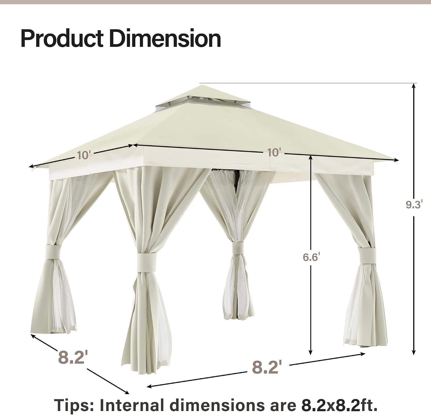 LAUSAINT HOME 10'x10' Outdoor Gazebo with 50FT String Lights, Metal Heavy Duty Patio Canopy Tent with Double Roofs, Mosquito Nettings and Privacy Screens for Backyard, Garden, Lawn, Cream White
