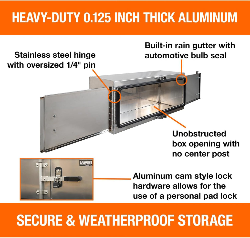 Buyers Products 1762603, 18x18x48 Smooth Aluminum Underbody Truck Tool Box with Double Barn Door, Heavy‑Duty 0.125 in Aluminum, Cam‑Lock Hardware, Rain Gutter Seal, Universal Mount