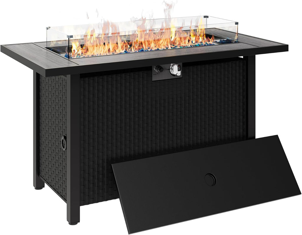Shintenchi 45 Inch Outdoor Propane Fire Pit 50,000 BTU Gas Fire Pit Table with Lid, Glass Wind Guard, Waterproof Cover, Rectangle Gas Firepit Table for Garden/Patio, CSA Certification