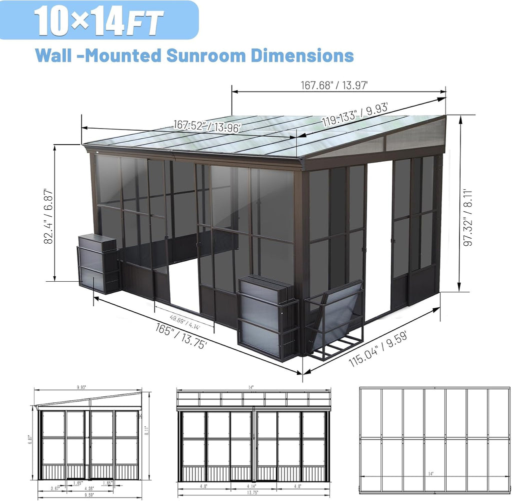 Domi 10x14FT All Season Sunroom, Outdoor Permanent Wall Mounted Solarium with Detachable Polycarbonate Windows, Aluminum Lean to Gazebo Sun Room with 2 Lockable Sliding Doors for Garden Patio Deck