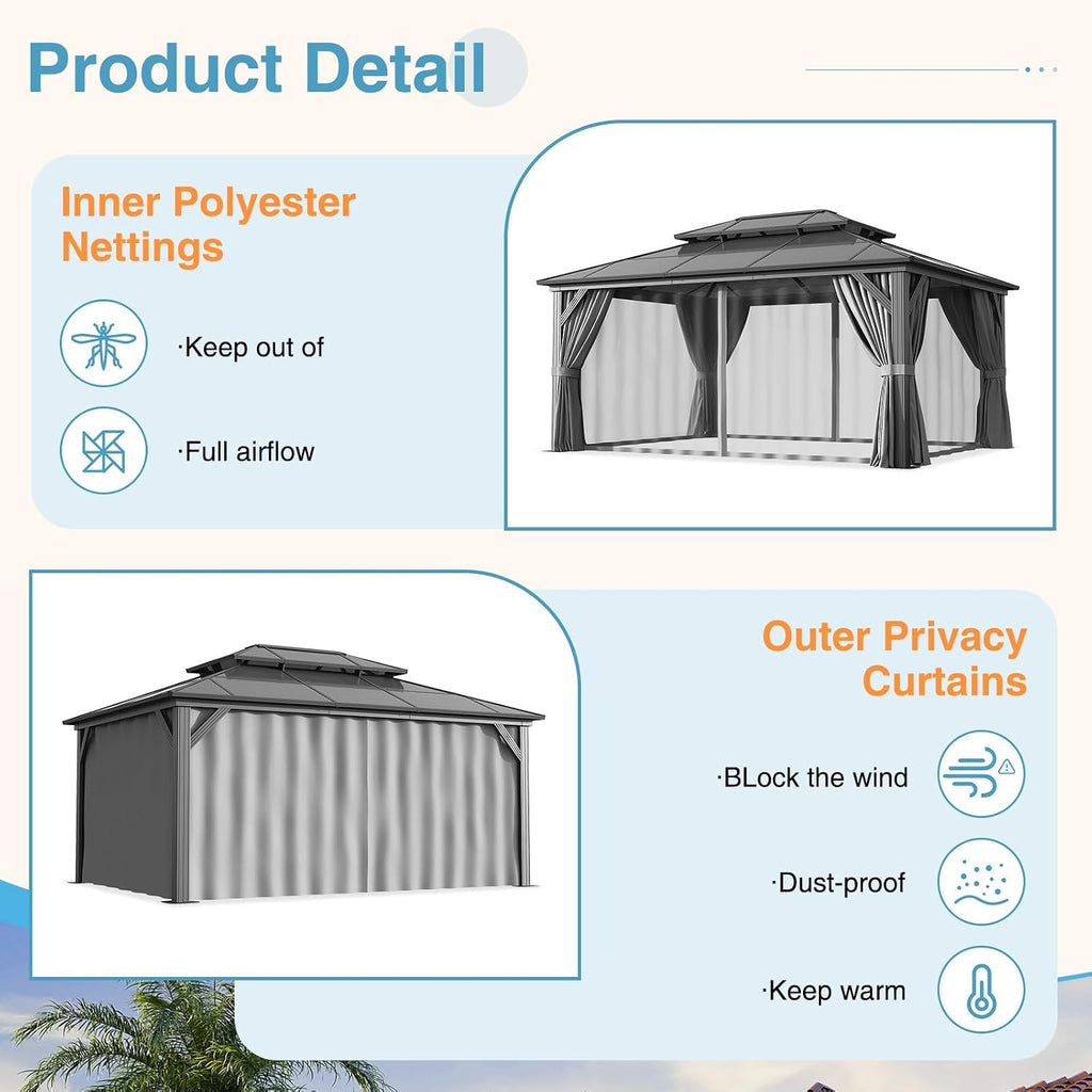 12' x 16' Double Roof Gazebo with Dark Gray Polycarbonate Panels, Sturdy Aluminum Frame, Weather-Resistant Pavilion with Curtains for Outdoor Patio, Garden, and Backyard