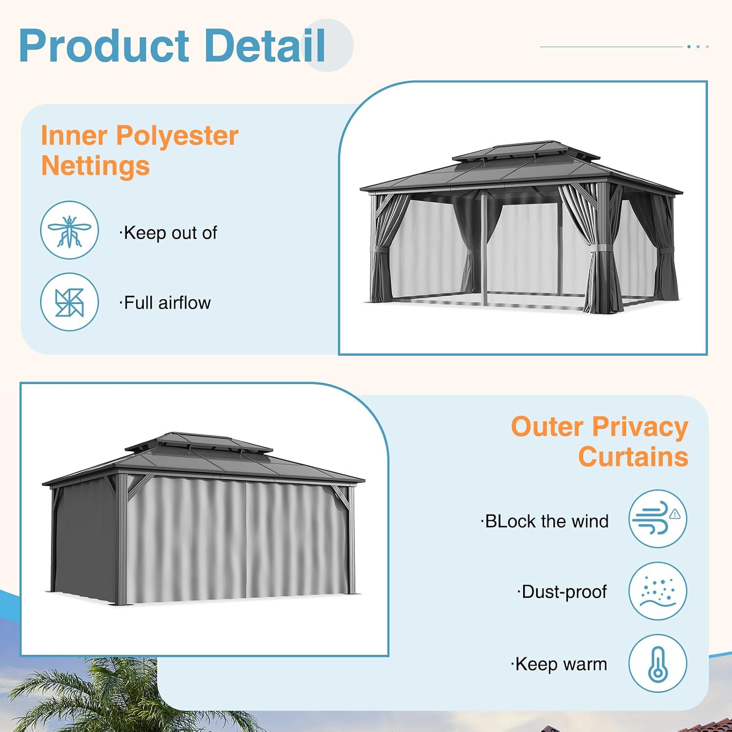 12' x 16' Double Roof Gazebo with Dark Gray Polycarbonate Panels, Sturdy Aluminum Frame, Weather-Resistant Pavilion with Curtains for Outdoor Patio, Garden, and Backyard