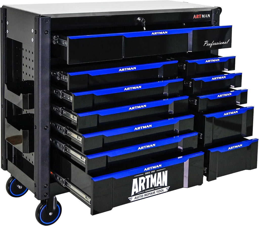Heavy Duty Rolling Tool Chest with 12-Drawer Tool Cart Mechanic Tool Box with Wheels Tool Storage Cabinet Mobile Workbench Tool Bench for Garage, Workshop, Warehouse, Repair Shop, Iron Top