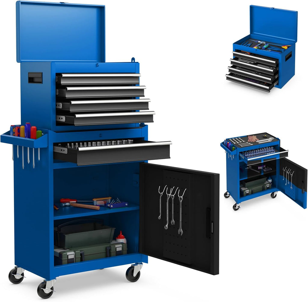 DORTALA Rolling Tool Chest Cabinet, Tool Box Organizer with 5 Sliding Drawers, Locking System, Toolbox Storage Cabinet on Wheels for Garage Workshop, Blue & Black