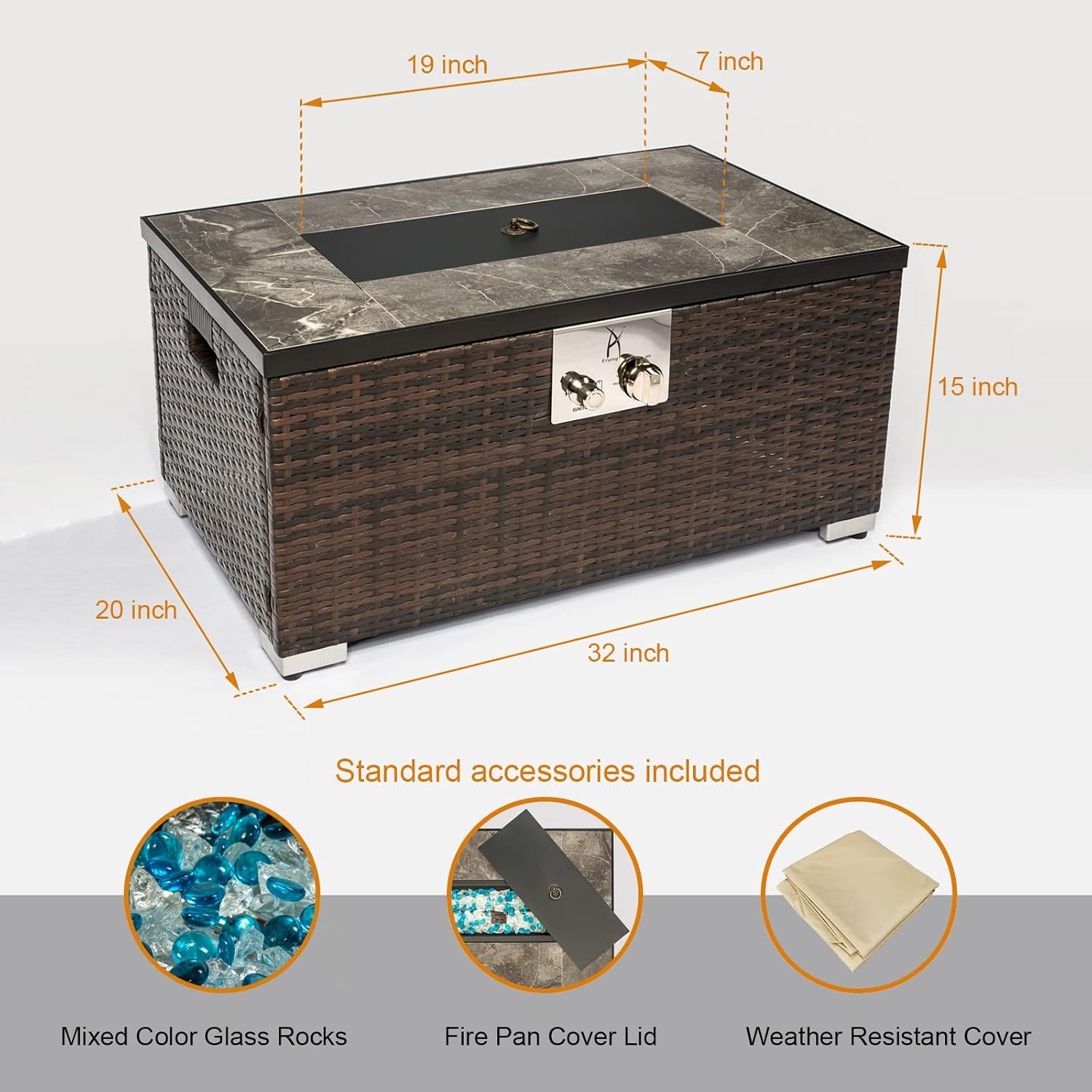 32'' Propane Fire Pit Table, Marble Textured Ceramic Tabletop, 50,000 BTU Fire Table with Brown Wicker, Mix Color Glass Rocks, Including Lid&Cover, Rectangle, Tank Required to Be Kept Outside