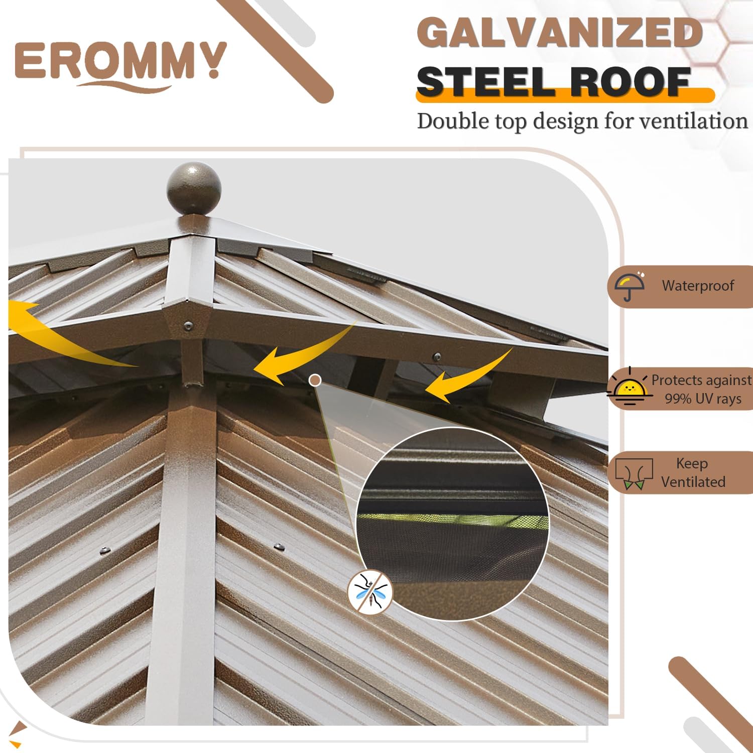 EROMMY 12'x24' Hardtop Gazebo Double Roof Galvanized Steel Canopy Outdoor Aluminum Frame Permanent Metal Pavilion with Netting and Curtains for Patio Backyard Deck and Lawns
