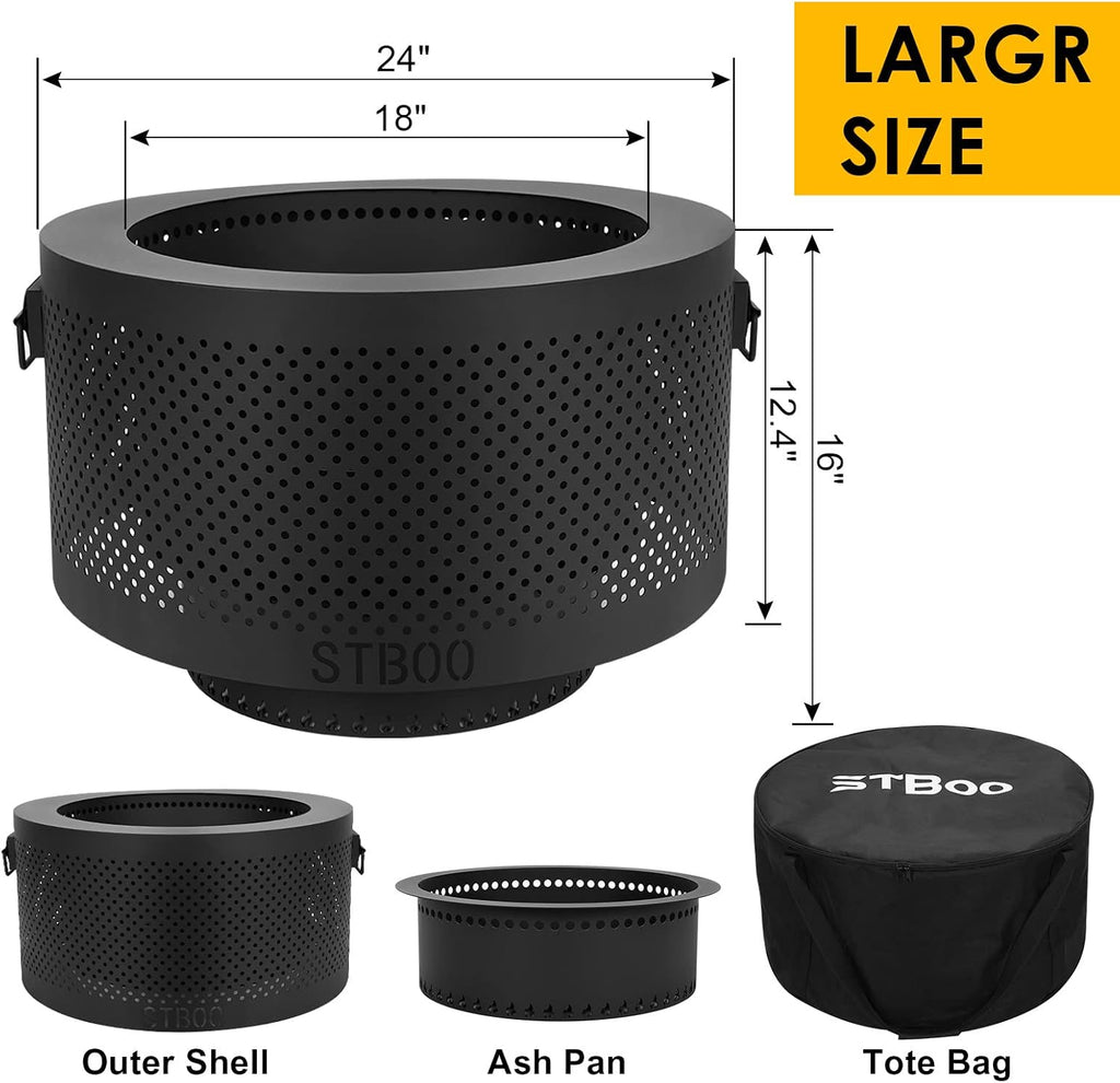 24 Inch Smokeless Fire Pits for Outside with Portable Carrying Storage Bag, Low Smoke Outdoor Fireplace for Bonfire Picnic Backyard on Beach, Black, XL