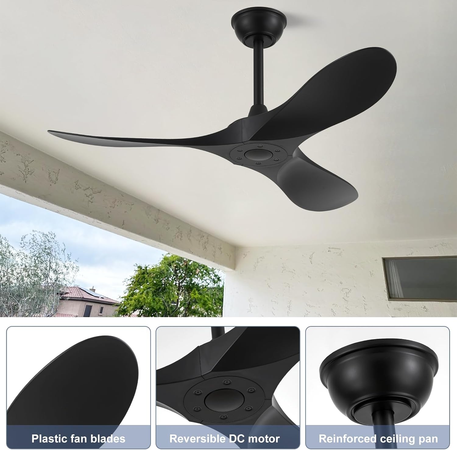 42'' Ceiling Fan No Light with Remote Control,Outdoor Ceiling Fan with DC Reversible and Silent Motor,3 Plastic Blades,Black Fan for Patios,Living Room,Bedroom
