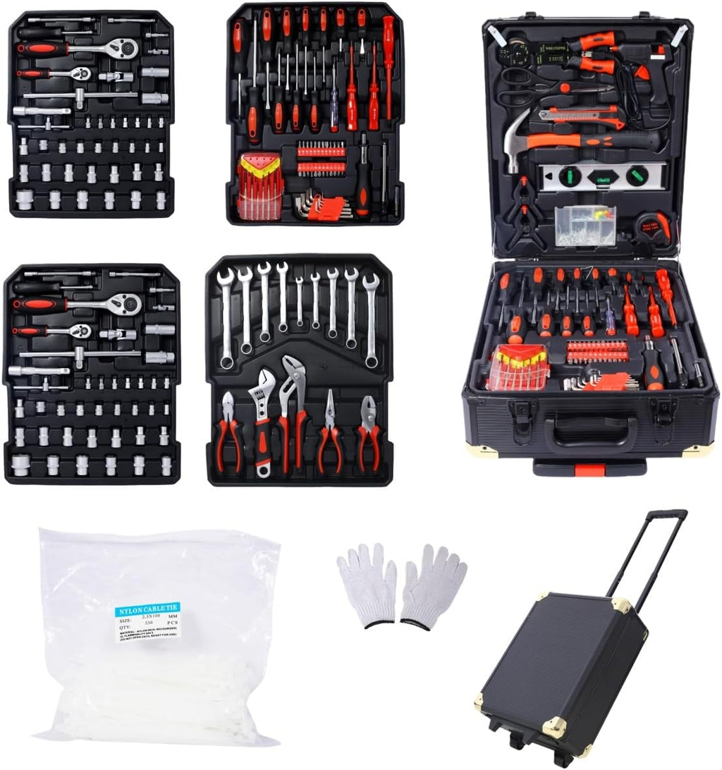969pcs Aluminum Trolley Case Tool Set Toolbox Storage Case General Household Tool Kit - Perfect for Homeowner with Tool Belt,Gift on Father's Day (Black) tool box with wheels