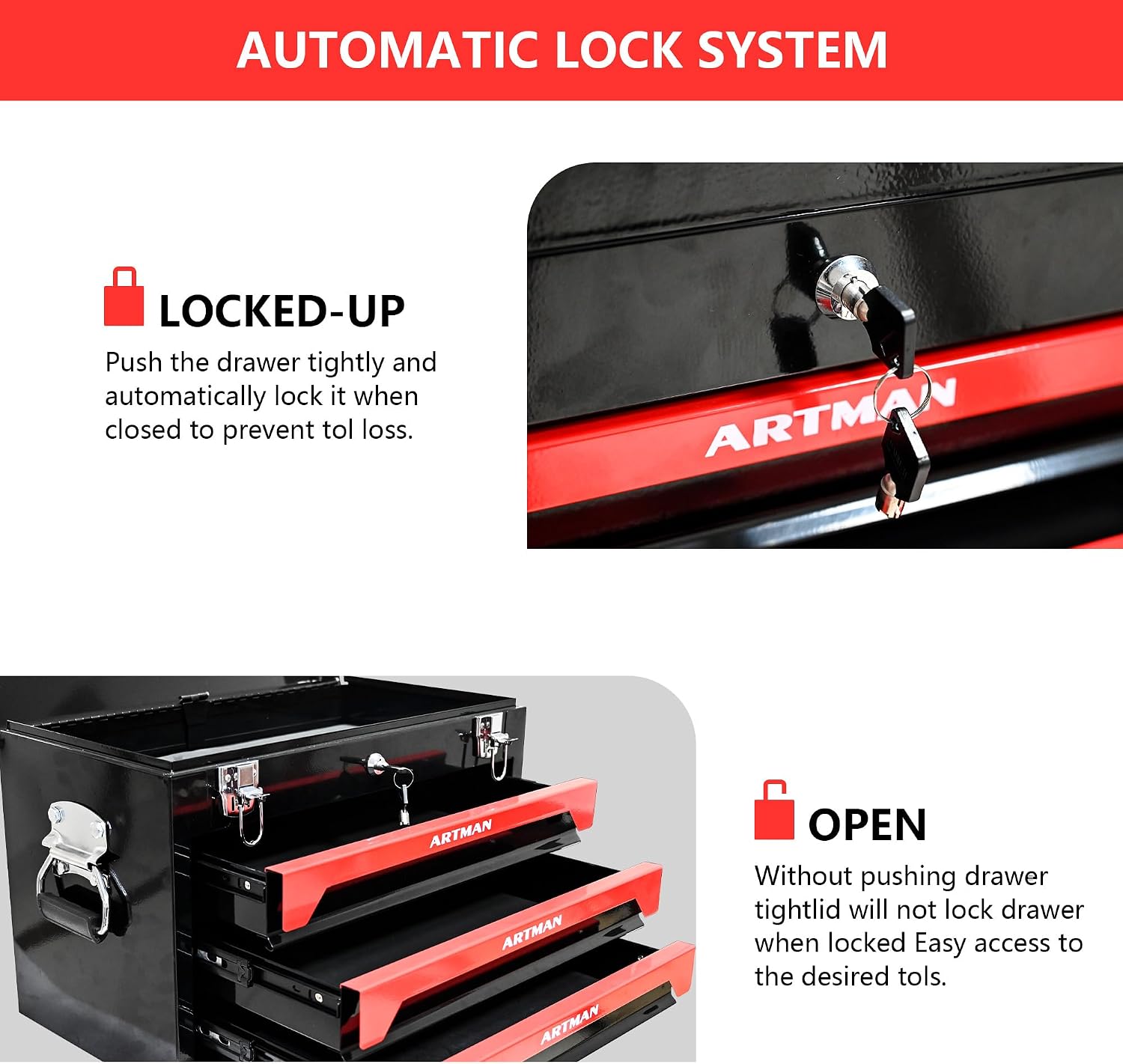 Mechanics Tool Box Organizer, Portable Tool Chest with 3 Drawers, Lockable Tool Storage Cabinet with Metal Latch Closure for Home, Garage, Warehouse, Repair Shop