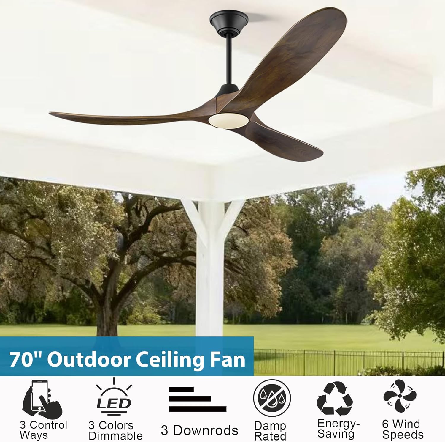 70 inch Smart Outdoor Large Ceiling Fan for Patio with Lights Wet Rated, High CFM Modern Farmhouse Walnut Ceiling Fan with Alexa/Remote/App Control, Waterproof Exterior Fan for Indoor Porch Gazebo