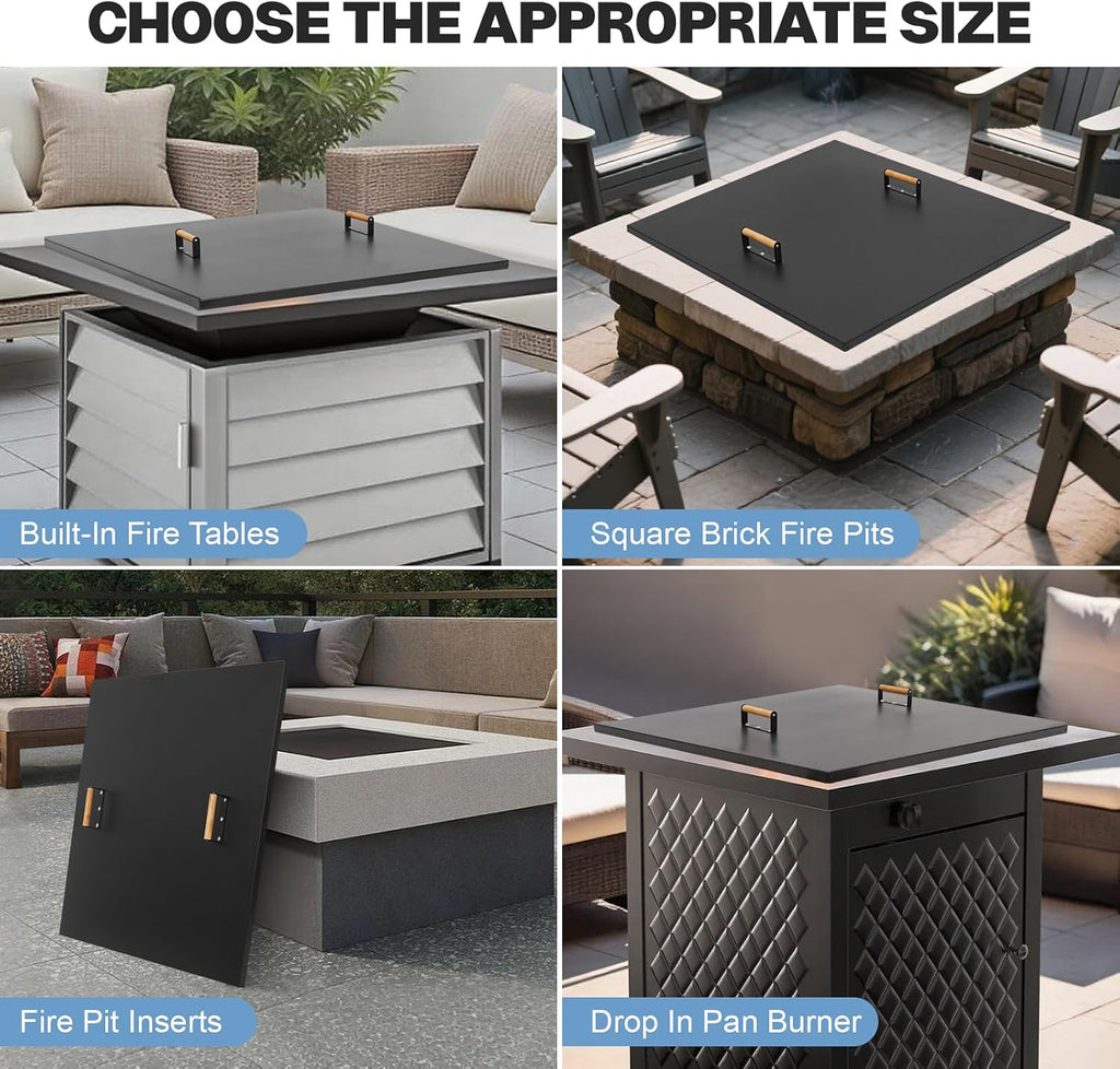 Fire Pit Lid Square 34', Heat Resistant Metal Firepit Cover with 2 Wooden Handles for Square Patio Fire Pit, Compatible for Firepits Inside Dia Up to 32'