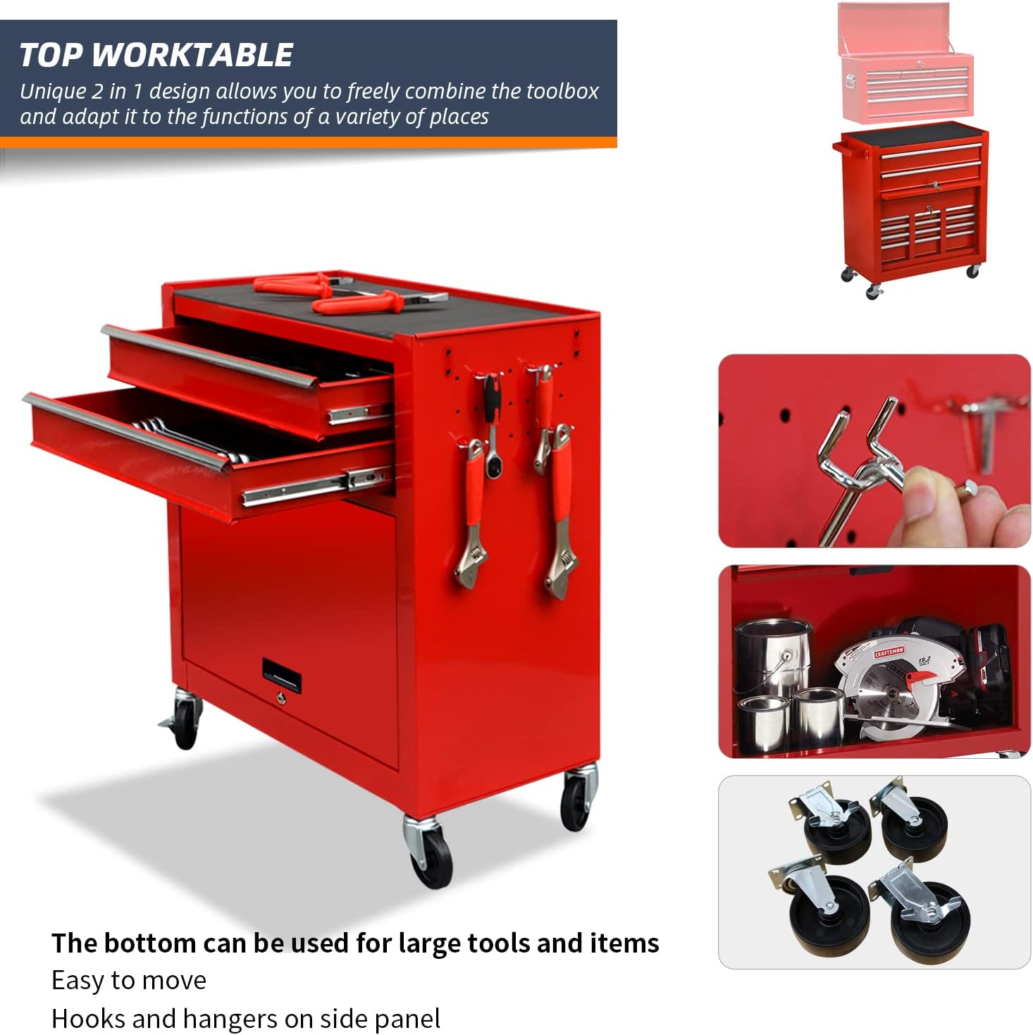 8-Drawer High Capacity Rolling Tool Chest, Removable Cabinet Storage Tool Box with Wheels and Drawers, Detachable Toolbox with Lock for Workshop Mechanics Garage