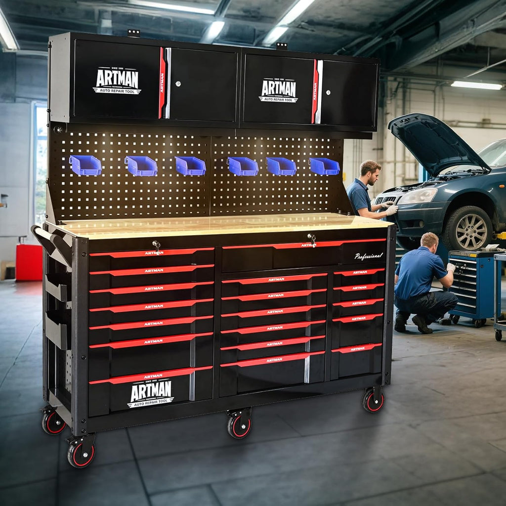 19 Drawers Rolling Tool Chest Large Mobile Workbench Heavy Duty Wood Top Tool Cart on Wheels Mechanic Toolbox Storage Cabinet for Garage, Workshop, Warehouse, Laboratory, with 2 Upper Cabinets