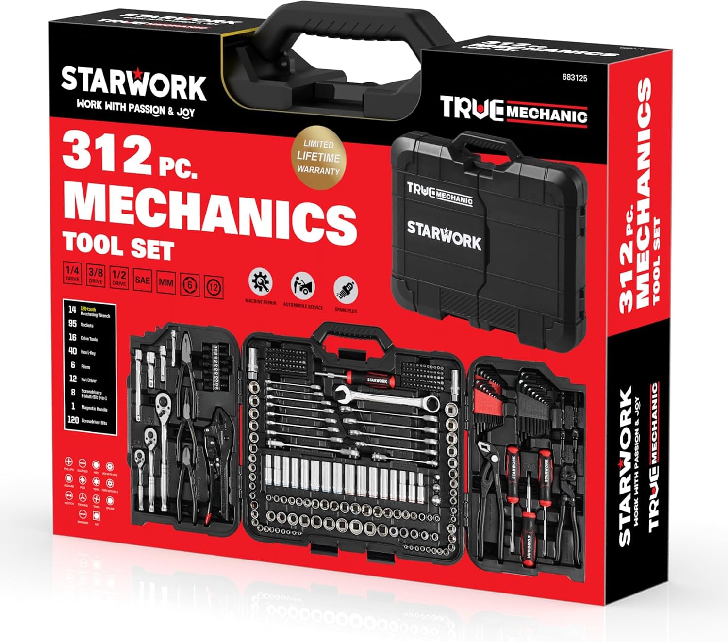 STARWORK TRUE MECHANIC 312-Piece Mechanics Tool Set and Socket Set, Professional, SAE/Metric, Mirror-Finish Sockets & Ratchet Wrenches