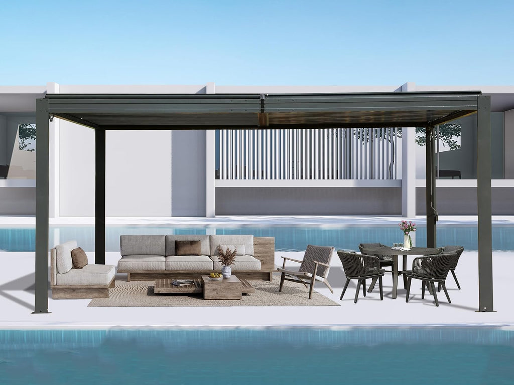 Domi 10' x 16' Outdoor Pergola Aluminum Louvered Pergola with Adjustable Roof, Aluminum Frame, Efficient Drainage System for Patio, Deck, Garden (Gray)