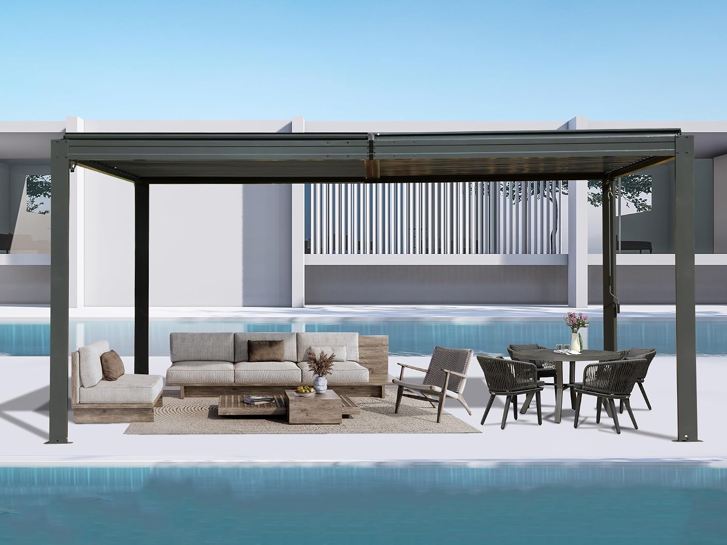 Domi 10' x 16' Outdoor Pergola Aluminum Louvered Pergola with Adjustable Roof, Aluminum Frame, Efficient Drainage System for Patio, Deck, Garden (Gray)