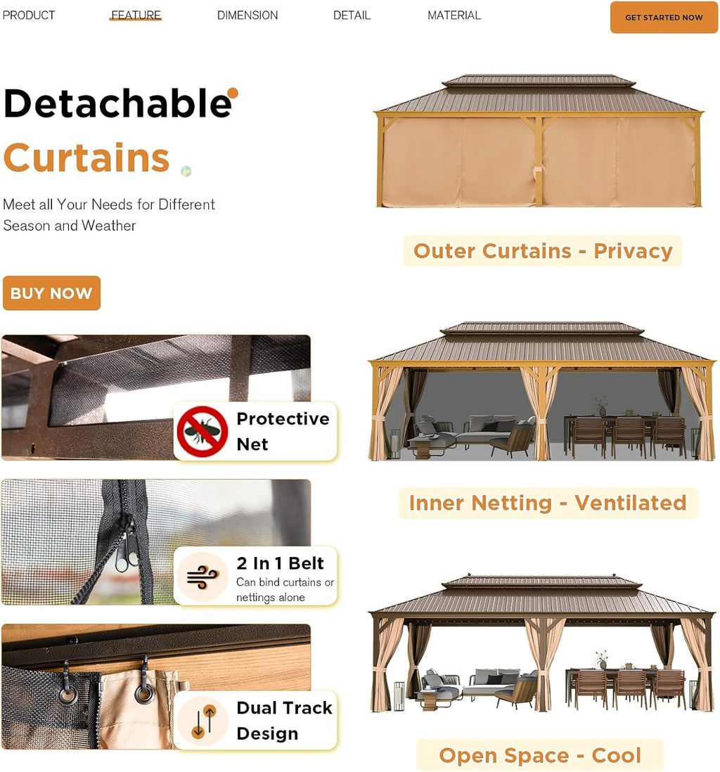 EROMMY 12'x24' Hardtop Gazebo, Galvanized Steel Double Roof with Wood Grain Aluminum Frame, Outdoor Gazebo with Curtains and Nettings for Patio, Backyard and Deck