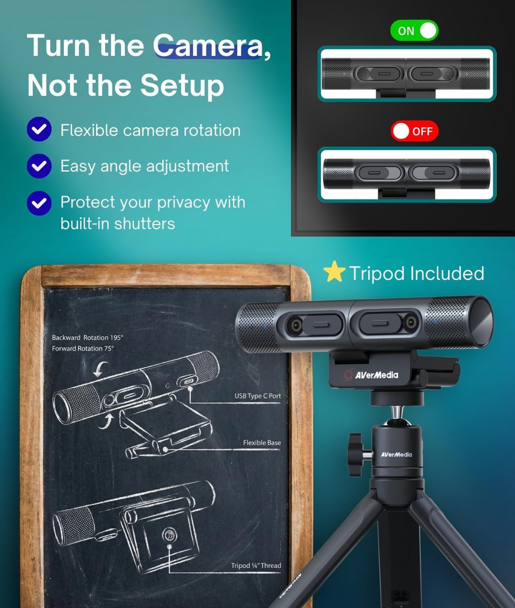 AVerMedia PW313D DualCam 2K Document Camera and Webcam for PC/Mac/Laptop, Autofocus, AI Noise Reduction, Online Teaching, Works with Zoom/Teams/Google Meet, Includes Tripod, TAA/NDAA Compliant