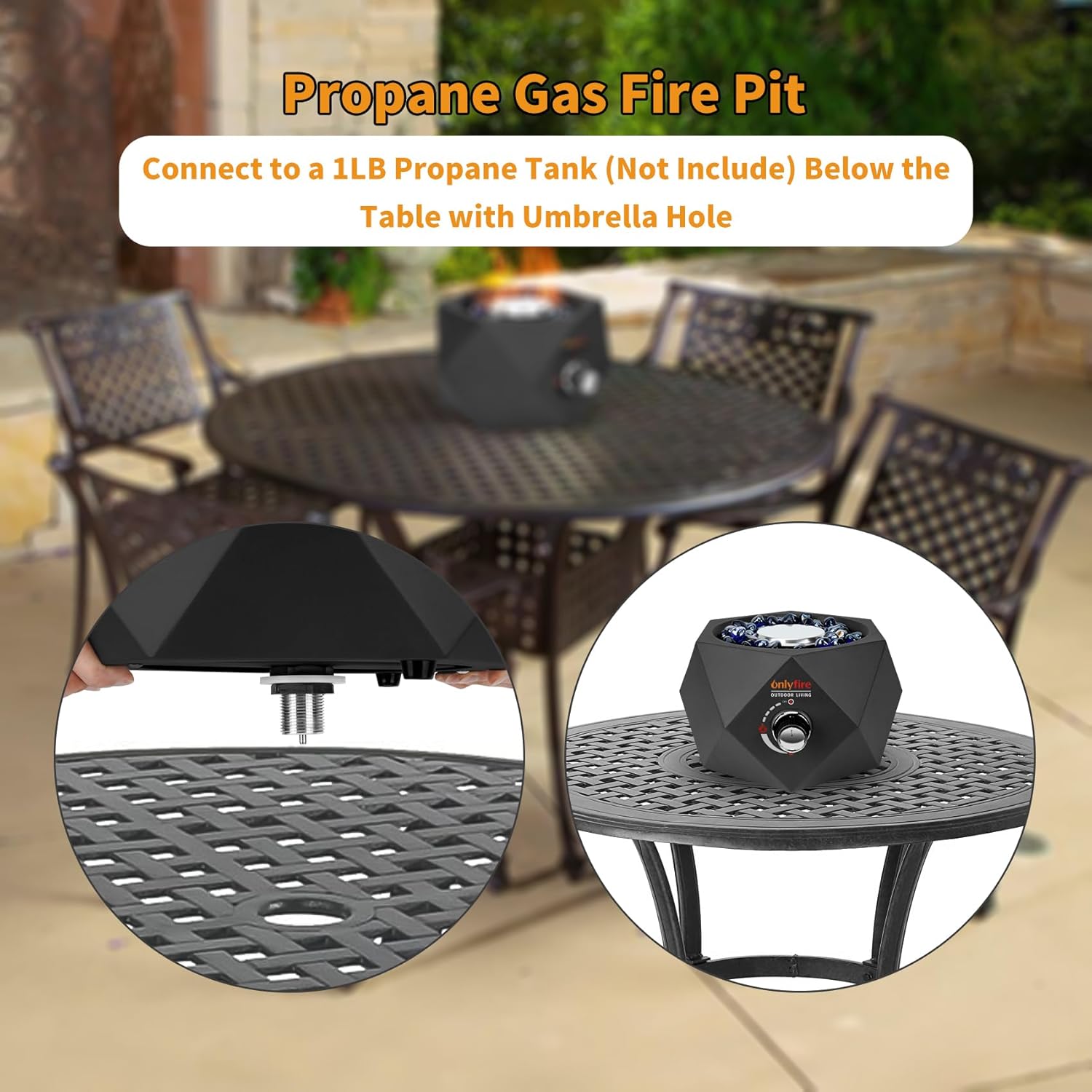 14' Modern Tabletop Fire Pit for Table with Umbrella Hole, Portable Gas Firepit for 1lb Propane Gas, Patio Backyard Porch Camping RV Tailgating, Bottom-Mounted FP003