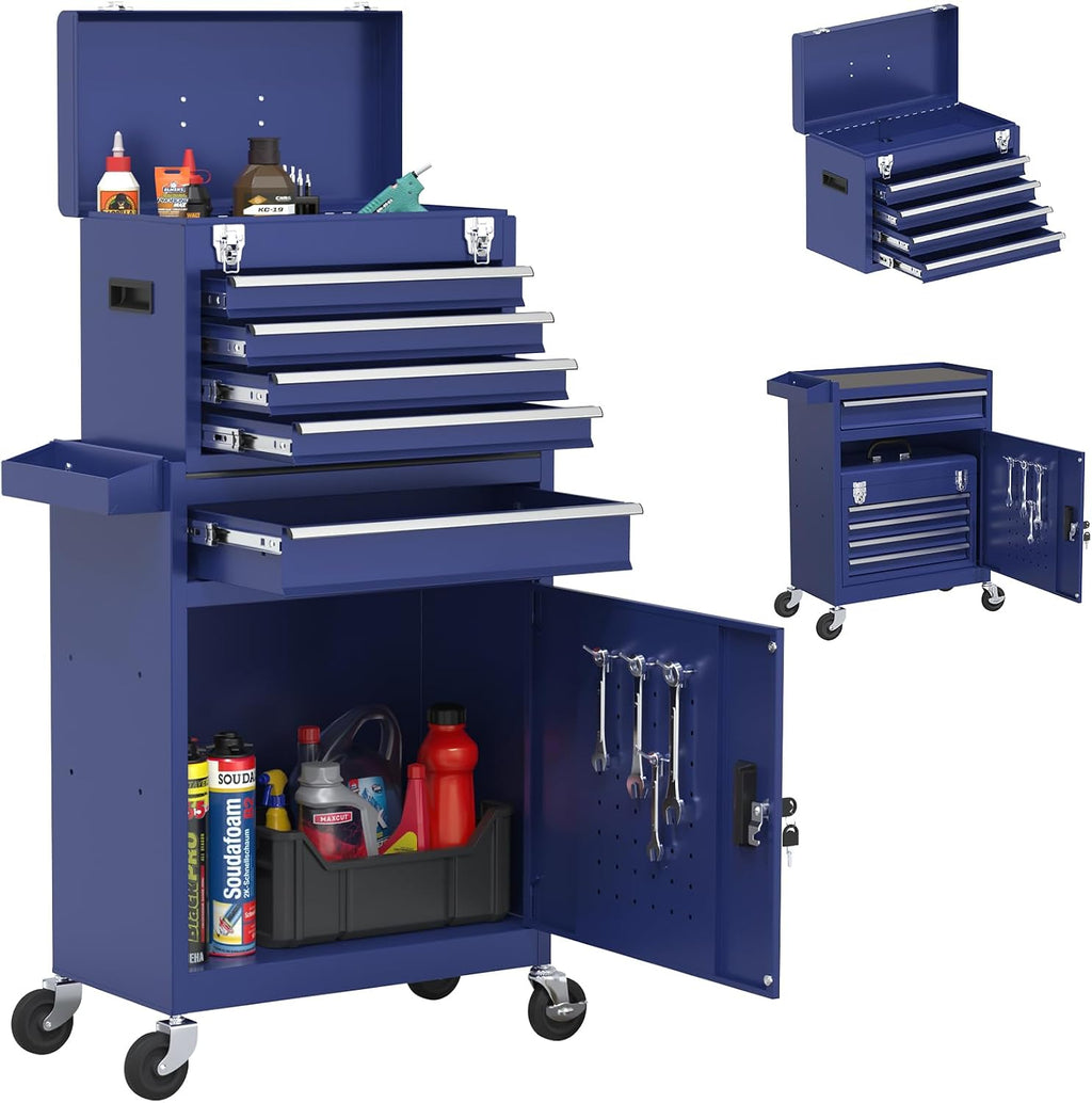 Tool Chest, 5-Drawer Rolling Tool Chest with Detachable Top Tool Box, Tool Box with Wheels, Tool Storage Cabinet for Garage, Warehouse, Workshop (Blue)