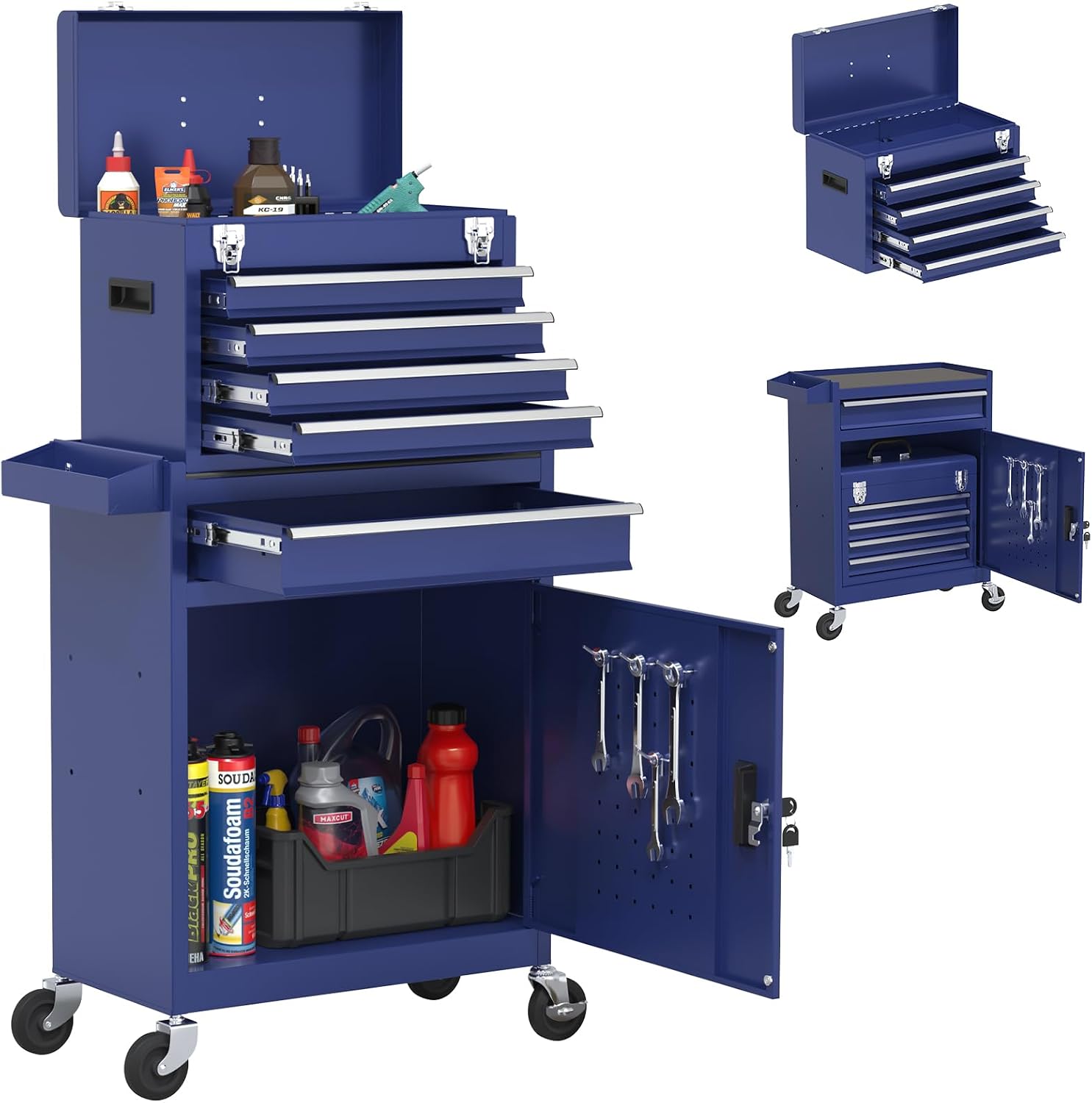 Tool Chest, 5-Drawer Rolling Tool Chest with Detachable Top Tool Box, Tool Box with Wheels, Tool Storage Cabinet for Garage, Warehouse, Workshop (Blue)
