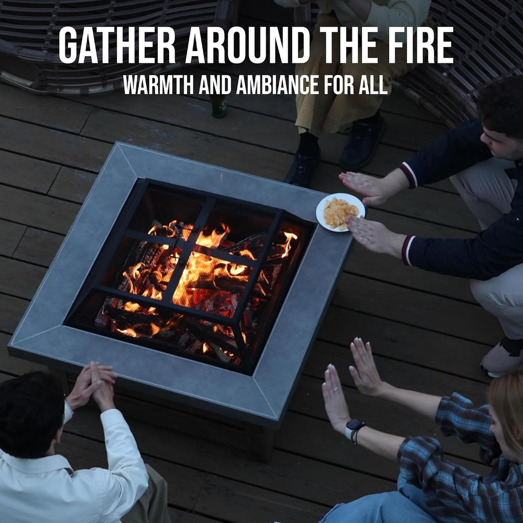 WILDMOS Firepits for Outside，Wood Burning Fire Pit with Wood-Grain Side Panels,Firepit for Outside with Mesh Cover & Fire Poker,Square Modern Outdoor Fireplace Fire Table. (Countryside)