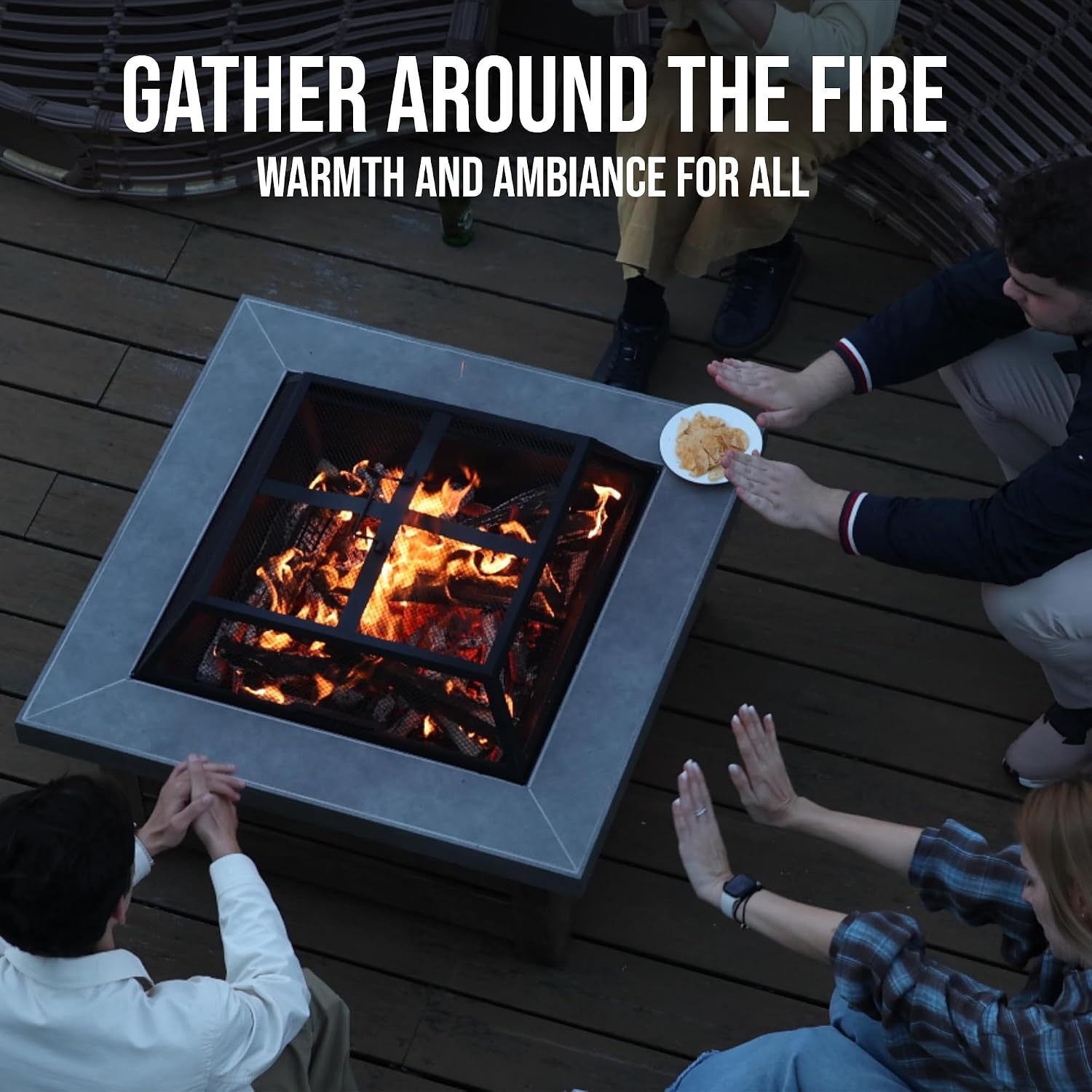 WILDMOS Firepits for Outside，Wood Burning Fire Pit with Wood-Grain Side Panels,Firepit for Outside with Mesh Cover & Fire Poker,Square Modern Outdoor Fireplace Fire Table. (Countryside)