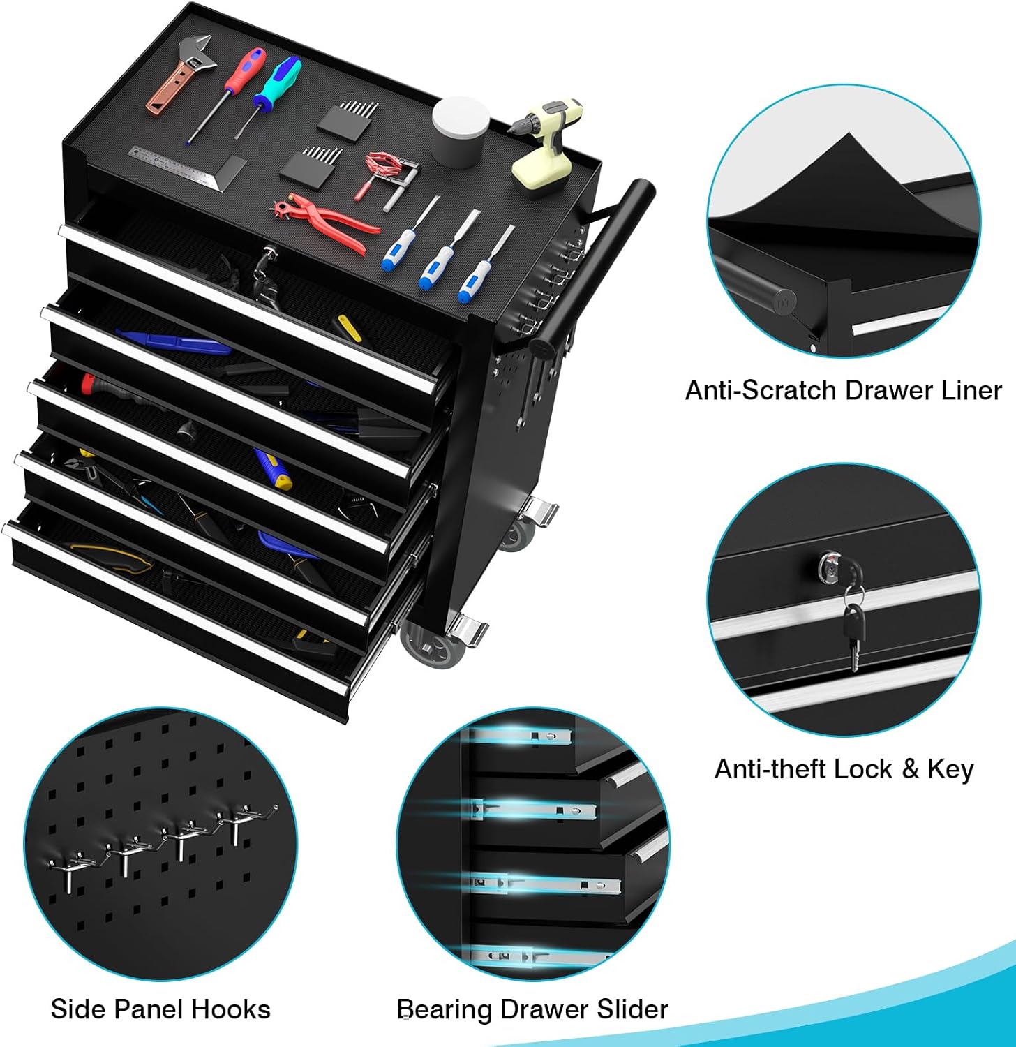 5 Drawers Metal Rolling Tool Chest, Portable Storage Tool Box with Wheels, Toolbox with Lock for Warehouse, Garage, Repair Shop and Tool Room