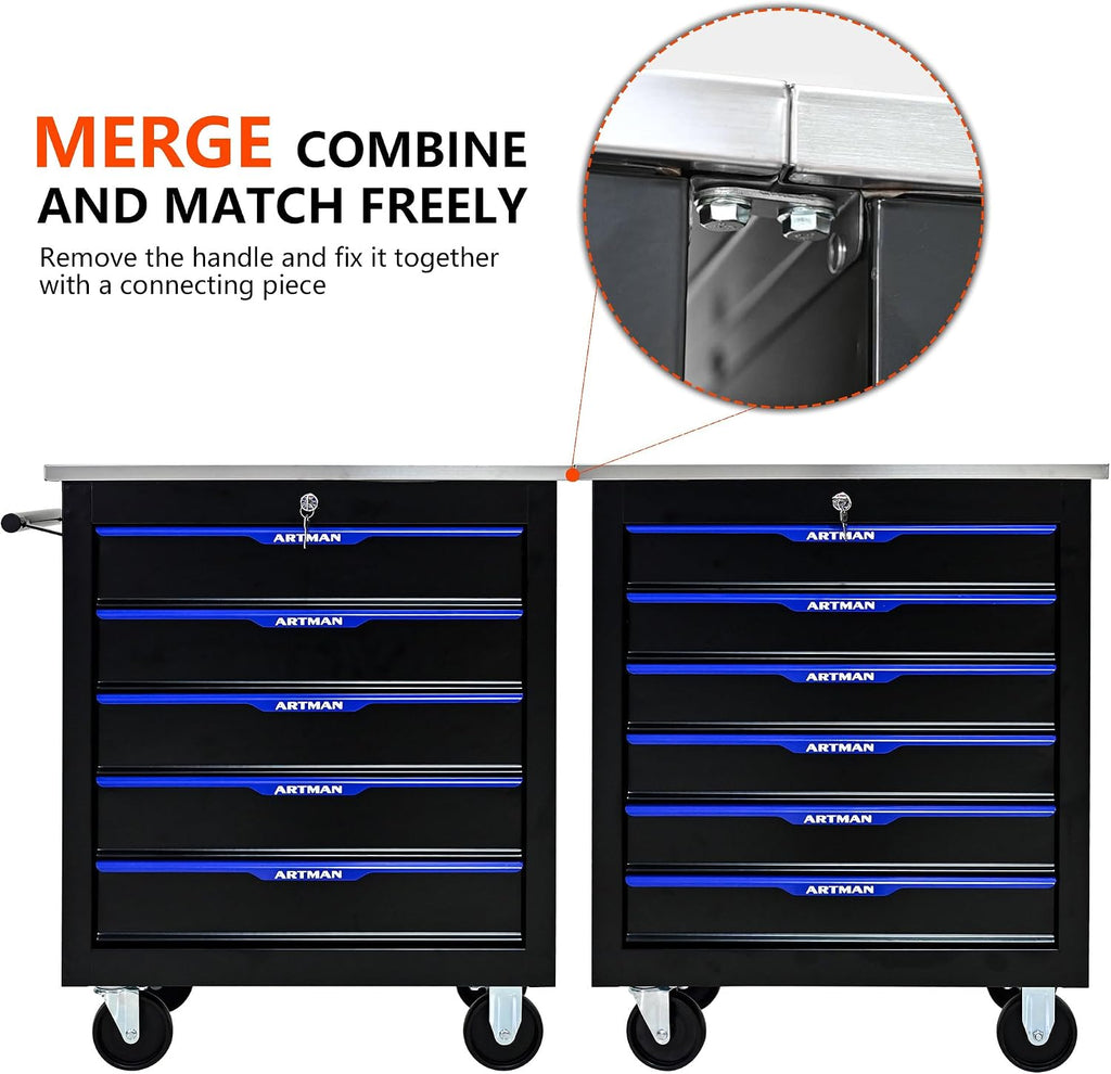 5 Drawers Rolling Tool Box on Wheels, Stainless Steel Countertop Multifunctional Tool Chest Cabinet with Lock, Drawers Rolling Tool Cart Trolley Organizer Tool Storage Case for Garage,Warehouse