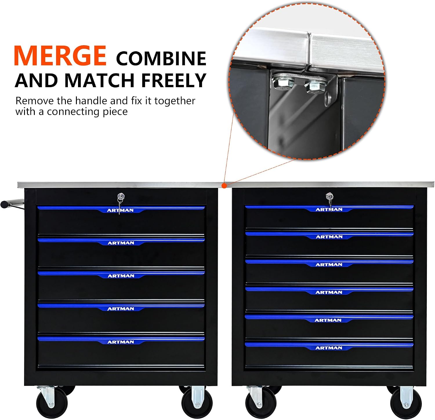 6 Drawers Rolling Tool Box on Wheels, Stainless Steel Countertop Multifunctional Tool Chest Cabinet with Lock, Drawers Rolling Tool Cart Trolley Organizer Tool Storage Case for Garage,Warehouse