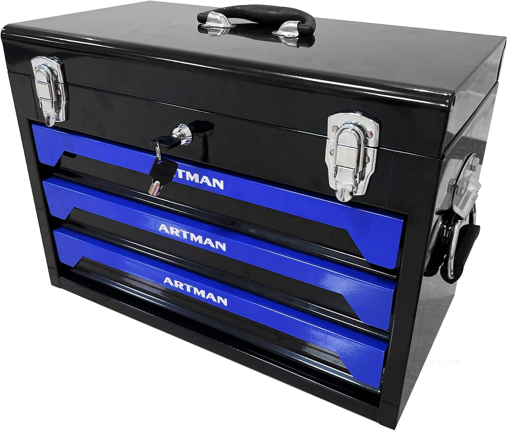 20' Portable 3 Drawer Steel Toolbox,Built in Tool Set,4 Layers of Tools with Metal Latches, with Top Storage Tray and carrying Handle, Multi-Function Tool Storage for Garage, Home,or Workbench