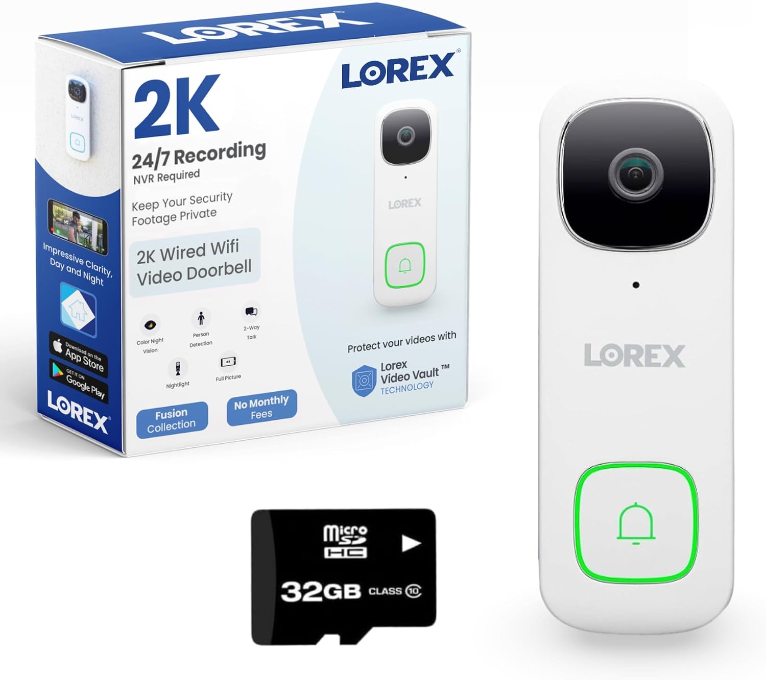 Lorex 2K Wired WiFi Smart Video Doorbell Camera | No Subscription Fee | 32GB MicroSD Card Included | Smart Security Lighting | Night Vision | Motion Detection | IP65 | Requires Existing Wiring | White