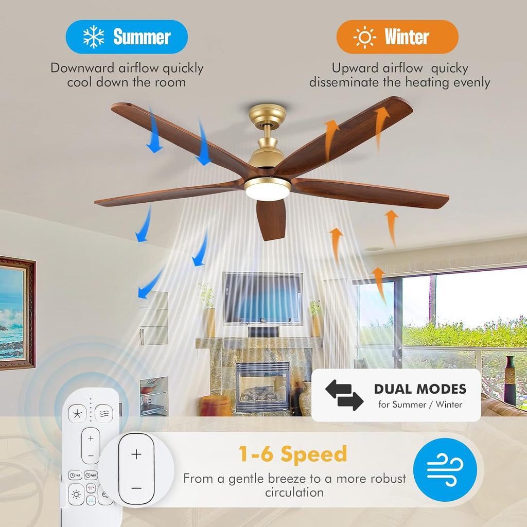 60 Inch Gold Ceiling Fan with Light and Remote, Outdoor Ceiling Fan for Patio Porch Gazebo, 5 Blade Solid Wood Rustic Farmhouse Ceiling Fans with Quiet DC Motor, Dimmable 3CCT