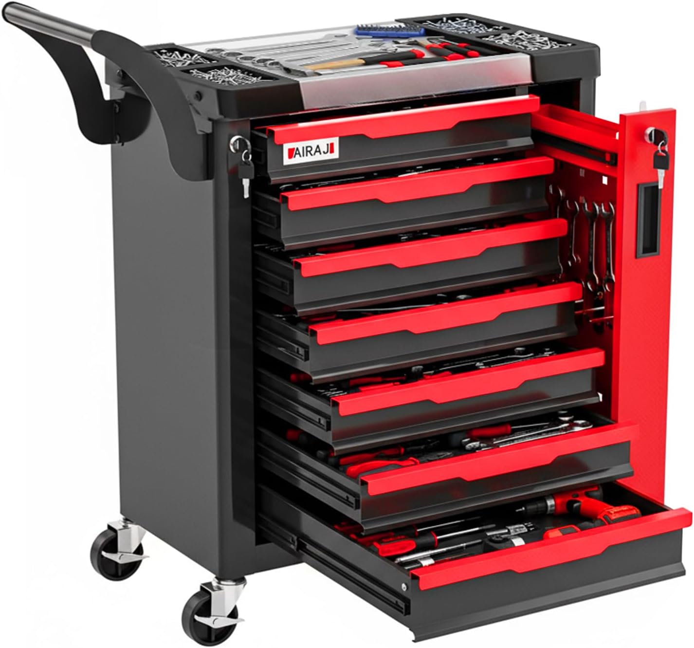 Tool Chest 7-Drawer | Rolling Tool Chest with Wheels/Side Drawer | Drawers Integrated Lockable | Tool Cart/Cabinet with Drawers for Garage Storage,Workshop | Safety Rounded Corner Anti-collision | Red