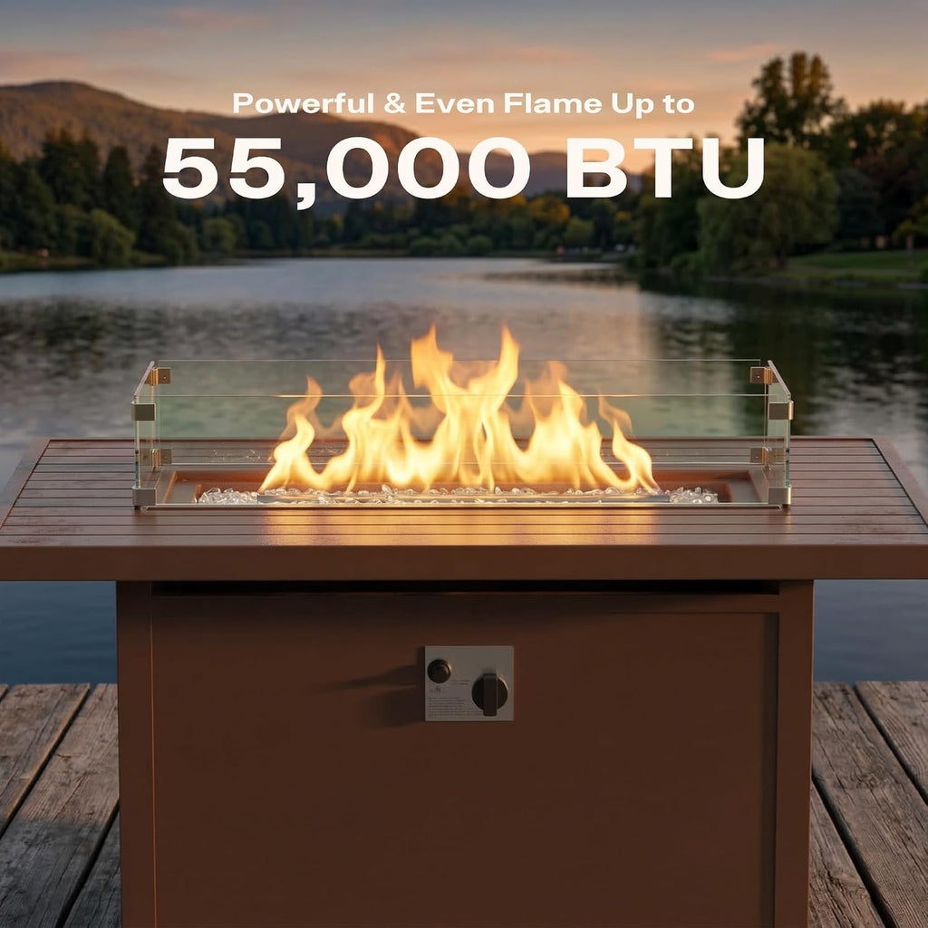 43' Aluminum Propane Fire Pit Table with 55,000 BTU, Rectangle Outdoor Gas Fire Table with Glass Wind Guard, Glass Stones & Waterproof Cover, Patio Fire Table for Backyard, Deck, Garden, Brown