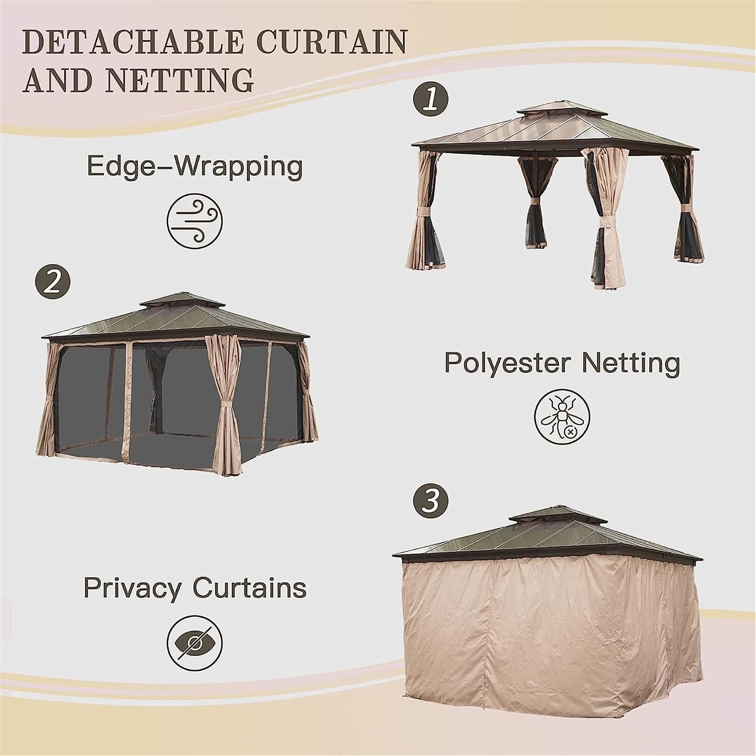 12x12Ft Hardtop Gazebo Outdoor Patio Gazebos with Polycarbonate Double Roof Aluminum Frame Pavilion with Curtain and Netting for Garden Patio Lawns Deck Backyard, Brown