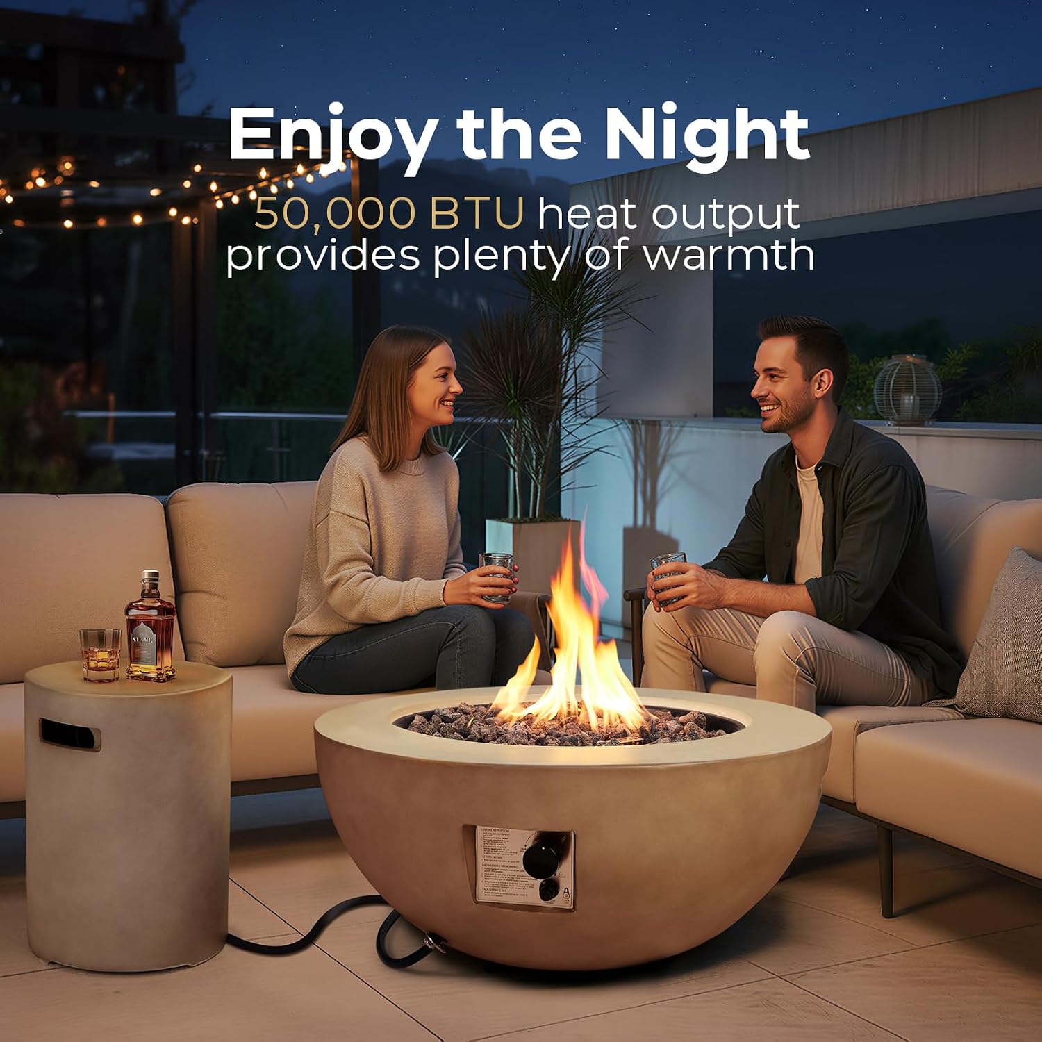 2-Piece Outdoor Propane Fire Pit Table Set w/Tank Cover Table, 31.5-inch 50,000 BTU Bowl Concrete Firepit SUS201 Round Burner with Steel Lid, Lava Rocks, Rain Cover…