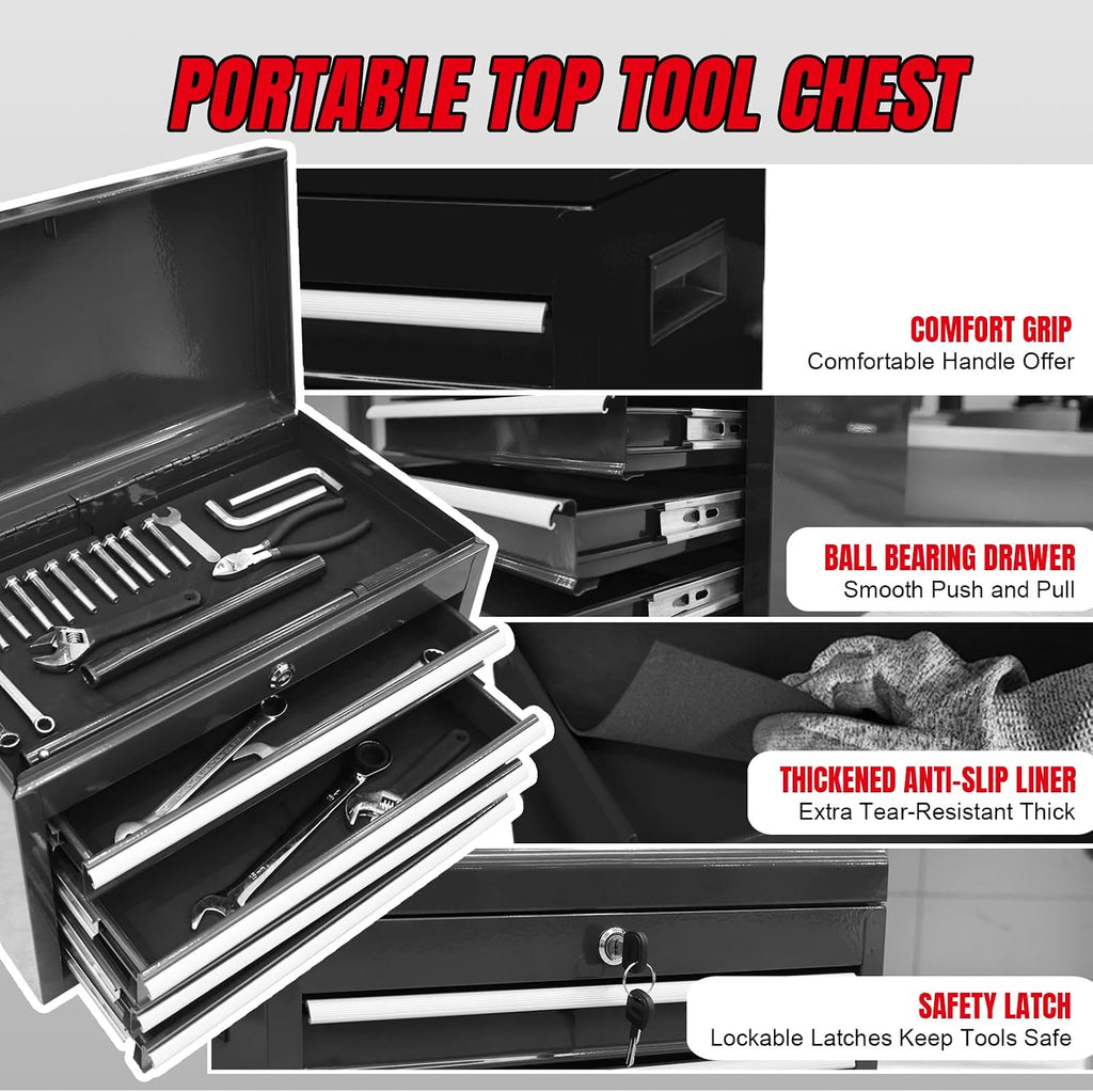 Torin 5-Drawer Rolling Tool Chest: Metal Tool Box with Wheels, Removable Top Tool Box, Liner, Adjustable Shelf and Locking Mechanism for Garage Workshop,Black