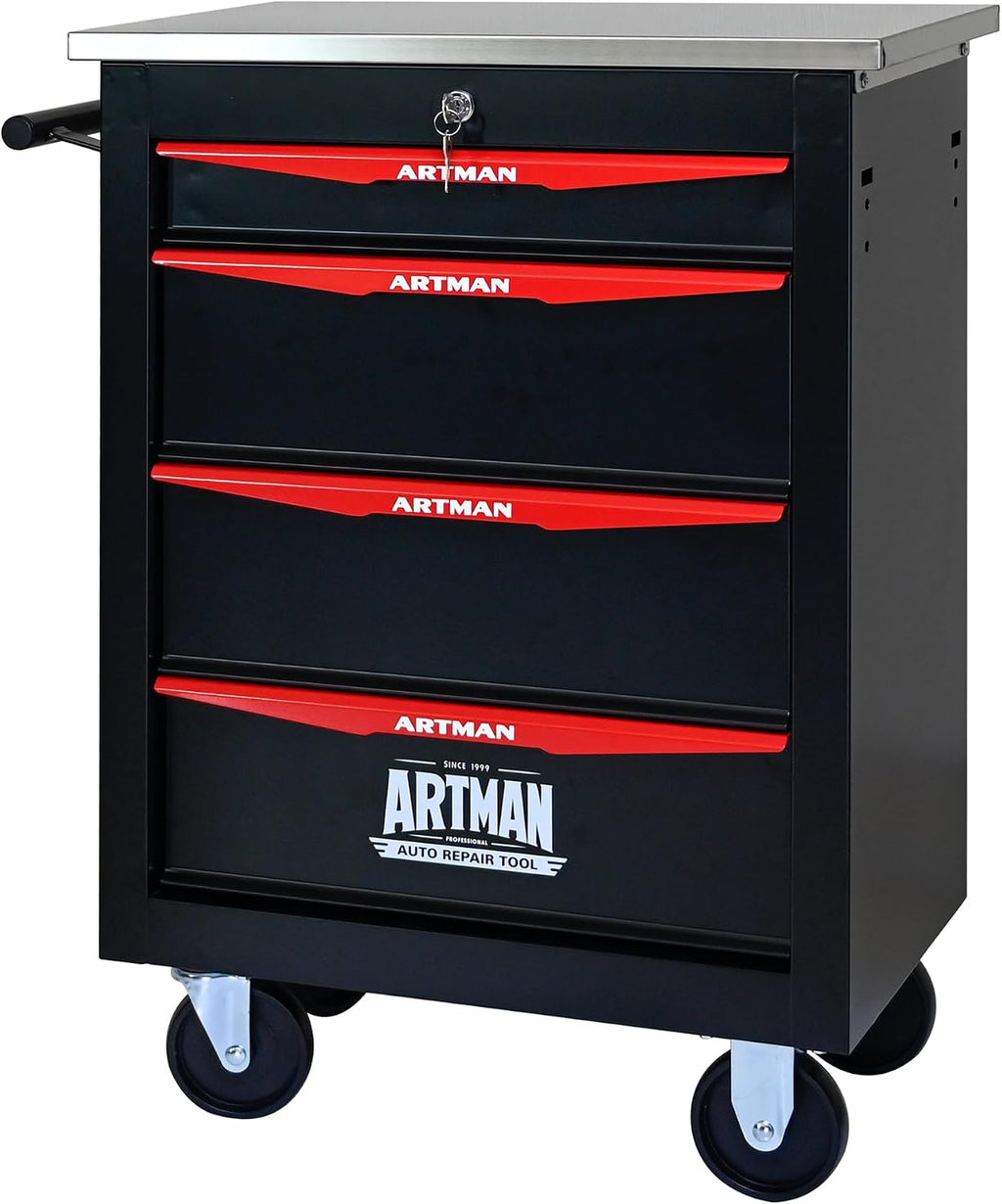 4 Drawers Tool Cart on Wheels with Stainless Steel Worktop, Heavy Duty Mobile Rolling Drawer Tool Chest with Locking Wheels & Lockable Drawers, Garage Tool Storage Cabinet (Black, 4 Drawers)